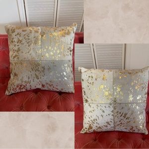 Restoration Hardware Metallic Cowhide Gold Cream Pillow Covers Like New Set of 2